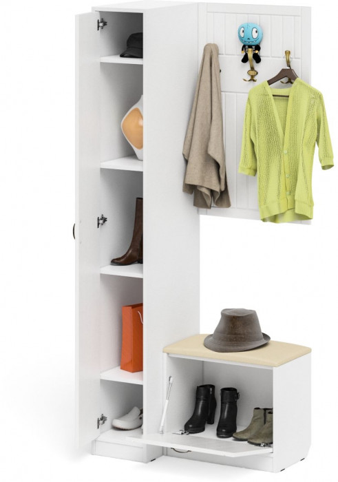 Прихожая П-6 Компоновка № 41, белая шагрень/фасады МДФ белое дерево фрезеровка прованс