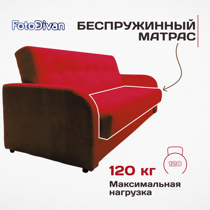 Раскладной диван-кровать, прямой, книжка, цвет красный, велюр, Лондон Люкс 140