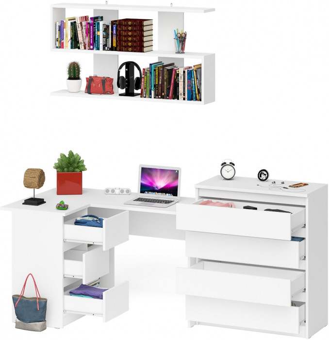 Мори компьютерный стол МС-16 левый + Комод МК800.4 + Полка 1200, белый