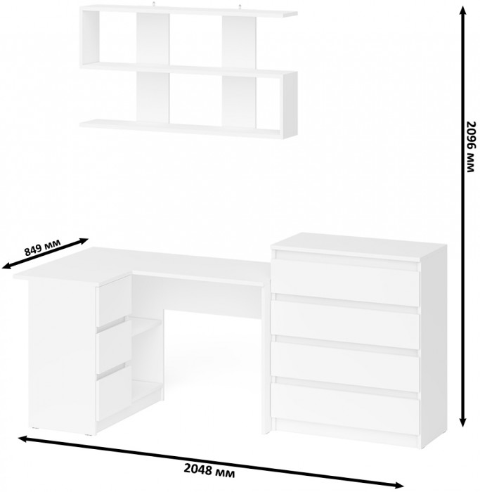 Мори компьютерный стол МС-16 левый + Комод МК800.4 + Полка 1200, белый