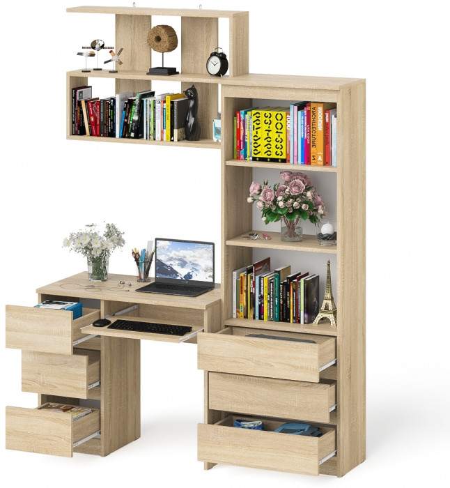 Мори Стол компьютерный МС-6 левый + Стеллаж МСТ600.3 + Полка 900, цвет дуб сонома, ШхГхВ 150,4х50х209,6 см., НЕ универсальная сборка