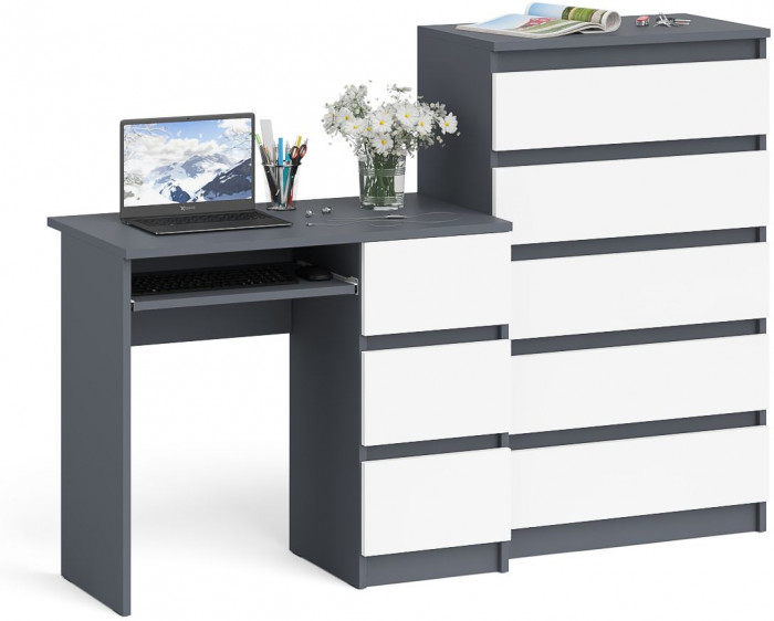 Мори компьютерный стол МС-6 правый + Комод МК700.5, графит/белый