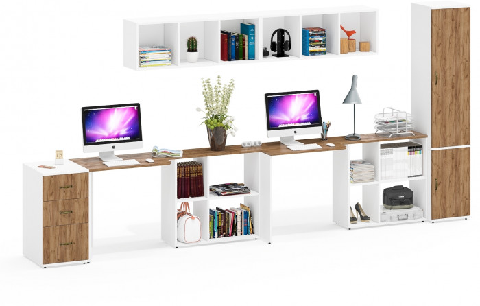 Лидер-8 Стол + Полка + Стол + Полка + Пенал МД 21Б + Тумба МД 3.16, цвет белый шагрень/крафт золото, 410х50/37,5х75/190 или 270х120/50х75/, НЕ ун. сб.