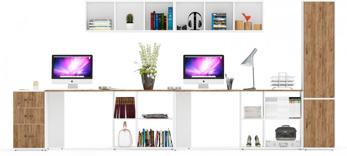 Лидер-8 Стол + Полка + Стол + Полка + Пенал МД 21Б + Тумба МД 3.16, цвет белый шагрень/крафт золото, 410х50/37,5х75/190 или 270х120/50х75/, НЕ ун. сб.