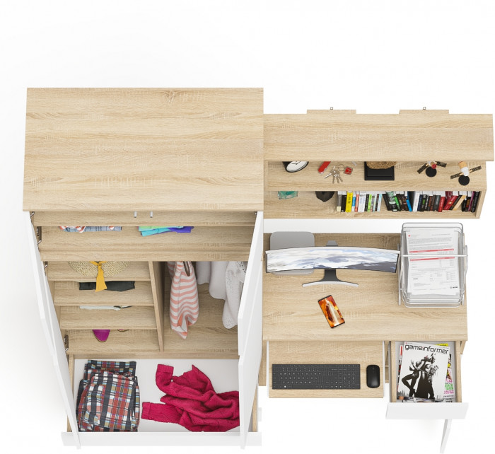 Мори компьютерный стол МС-1 правый + Шкаф МШ900.1 + Антресоль МА900.1 + Полка 900, дуб сонома/белый