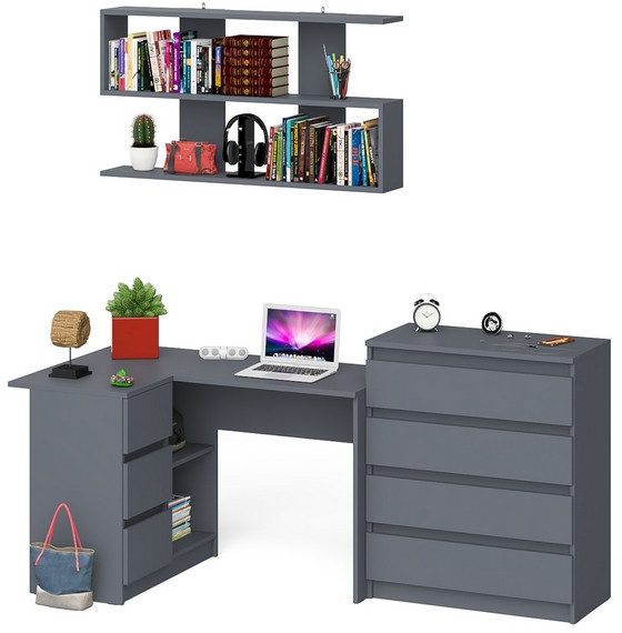 Мори компьютерный стол МС-16 левый + Комод МК800.4 + Полка 1200, графит