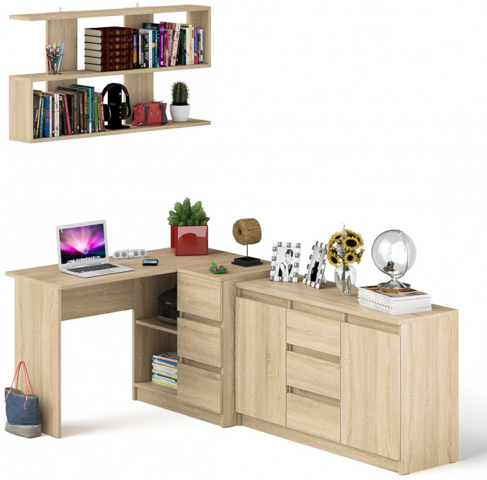 Мори компьютерный стол МС-16 правый + Комод МК1200.3 + Полка 1200, дуб сонома