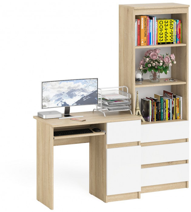 Мори Стол компьютерный МС-1 правый + Стеллаж МСТ600.3, цвет дуб сонома/белый, ШхГхВ 150,4х50х179,6 см., выдвижной ящик справа, НЕ универсальная сборка