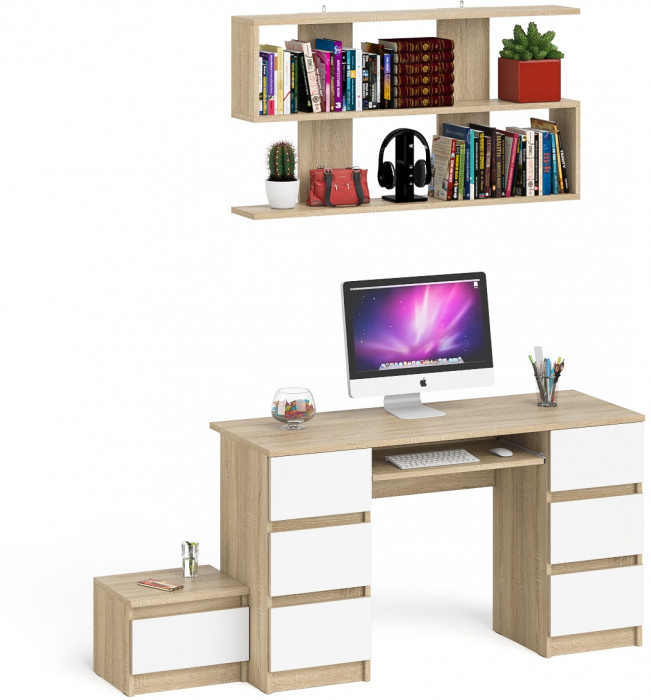 Мори Стол компьютерный МС-2 + Тумба ТМП400.1 + Полка 1200, цвет дуб сонома/белый, ШхГхВ 175,8х50х209,6 см., универсальная сборка