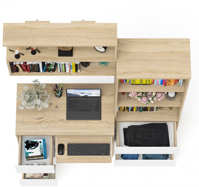 Мори Стол компьютерный МС-6 левый + Стеллаж МСТ600.3 + Полка 900, цвет дуб сонома/белый, ШхГхВ 150,4х50х209,6 см., НЕ универсальная сборка