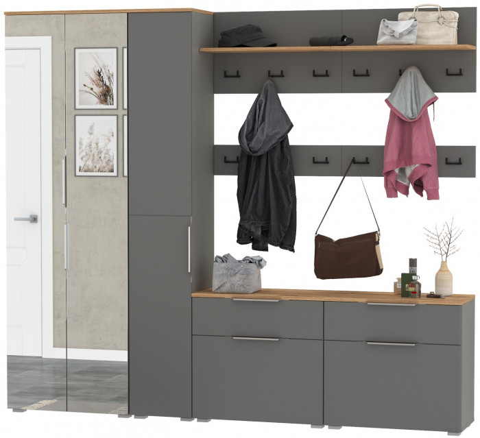 Октава Прихожая 33, цвет серый графит/дуб крафт золотой/фасады МДФ серый графит, ШхГхВ 226,4х35,4х197,6 см., универсальная сборка