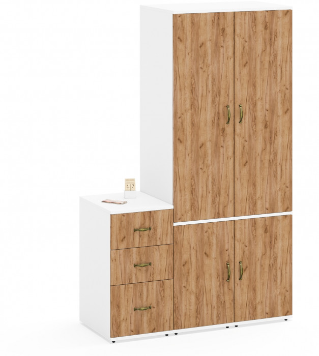 Лидер-8 Пенал МД 23Б + Пенал МД 23Б + Тумба МД 3.16, цвет белый шагрень/крафт золото, ШхГхВ 120х50х190 см., универсальная сборка