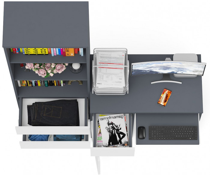 Мори Стол компьютерный МС-1 левый + Стеллаж МСТ600.3, цвет графит/белый, ШхГхВ 150,4х50х179,6 см., выдвижной ящик слева, НЕ универсальная сборка