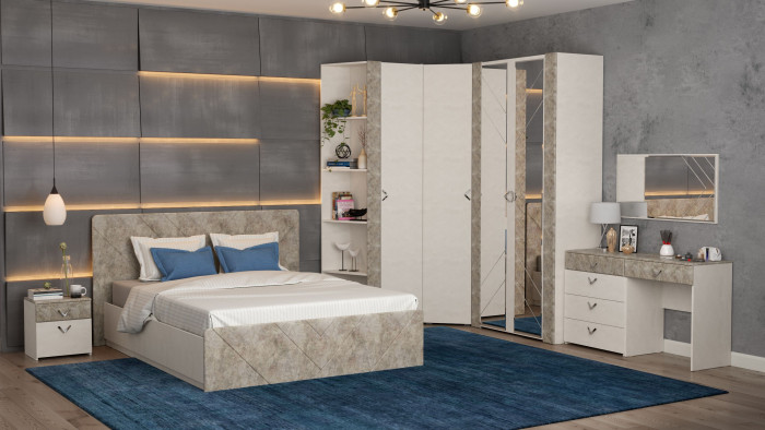 Амели Кровать 11.31 + подъёмный ортопед + тумбочка, цвет шёлковый камень/бетон чикаго беж, ШхГхВ 222,4х205,2х104,3 см., сп. м. 1600х2000 мм., б/м