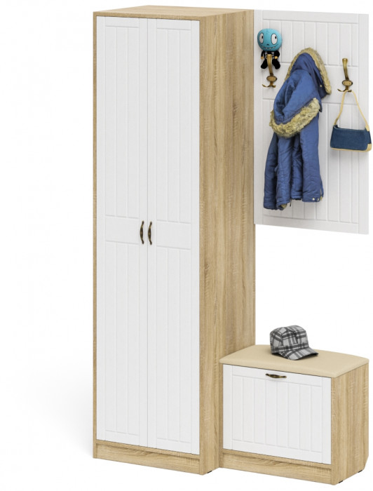 Прихожая П-6 Компоновка № 12, цвет дуб сонома/фасады МДФ белое дерево фрезеровка прованс, ШхГхВ 120х50х210 см., универсальная сборка