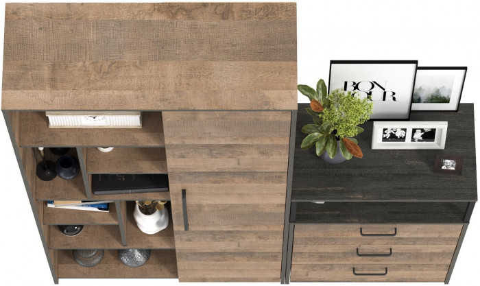 Трувор 13.206 Шкаф-стеллаж + 13.307.02 Комод с ящиками, цвет дуб гранж песочный/интра, ШхГхВ 159х37х194,2 см., универсальная сборка