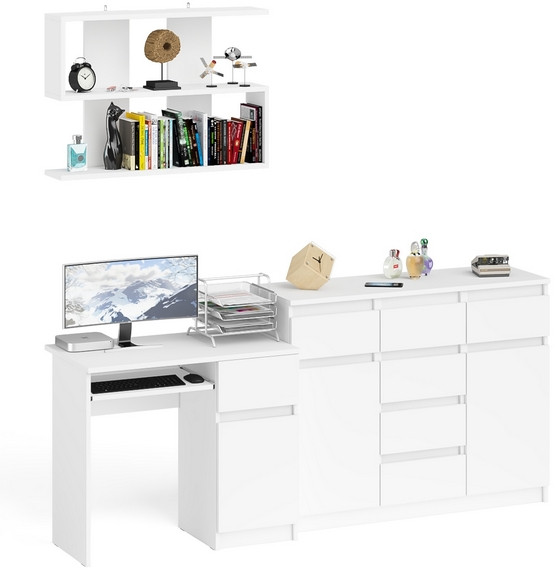 Мори Стол компьютерный МС-1 правый + Комод МК1200.4 + Полка 900, цвет белый, ШхГхВ 210,4х50х209,6 см., НЕ универсальная сборка