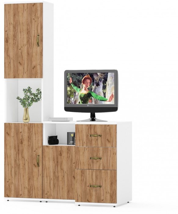 Лидер-8 Пенал + Тумба МД 3.16 + Тумба МД 3.19, цвет белый шагрень/крафт золото, ШхГхВ 120х50х190 см., универсальная сборка