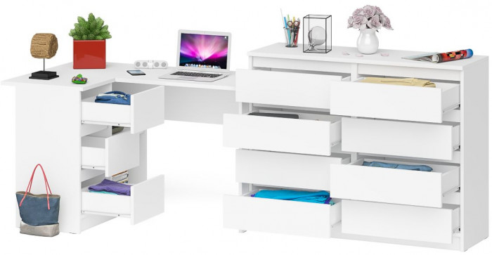 Мори Стол компьютерный МС-16 левый + Комод МК1200.8, цвет белый, ШхГхВ 244,8х84,9х94 см., выдвижные ящики слева, НЕ универсальная сборка