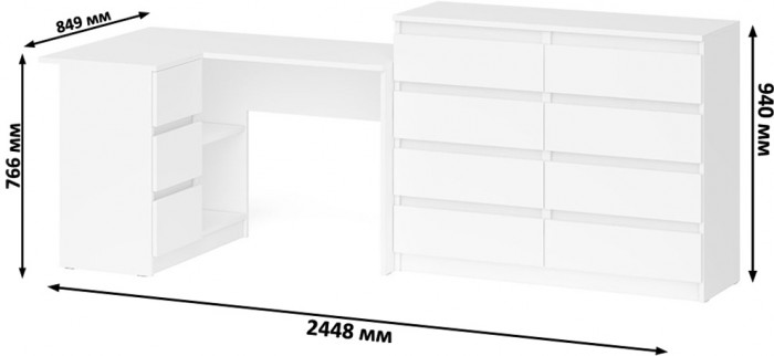Мори Стол компьютерный МС-16 левый + Комод МК1200.8, цвет белый, ШхГхВ 244,8х84,9х94 см., выдвижные ящики слева, НЕ универсальная сборка
