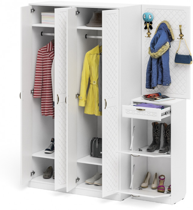 Прихожая П-6 Компоновка № 15, белая шагрень/фасады МДФ белое дерево фрезеровка ромб