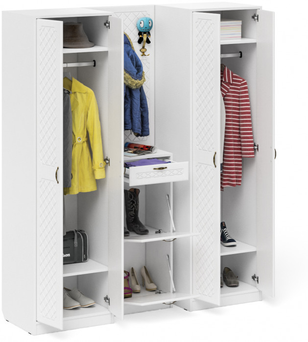 Прихожая П-6 Компоновка № 15, белая шагрень/фасады МДФ белое дерево фрезеровка ромб