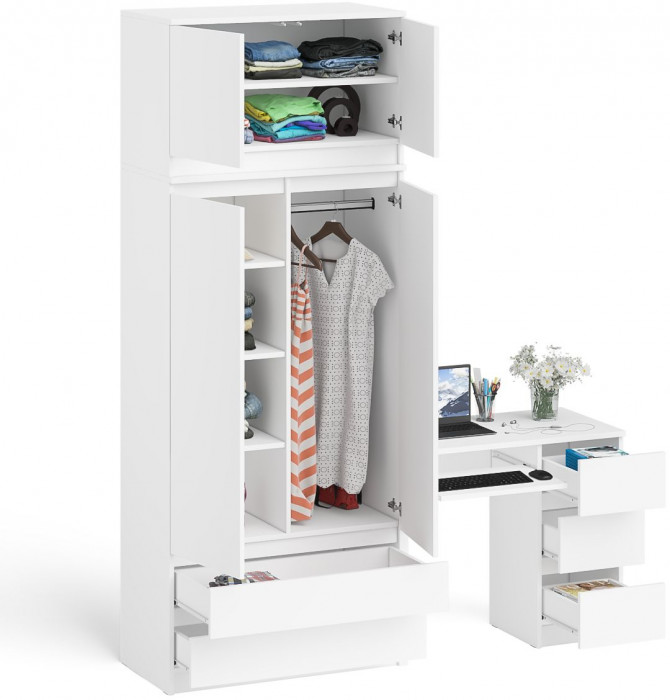 Мори Стол компьютерный МС-6 правый + Шкаф МШ900.1 + Антресоль МА900.1, цвет белый, ШхГхВ 180,4х50,4х234,2 см., выдвижные ящики справа, НЕ универс. сб.