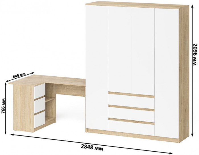 Мори компьютерный стол МС-16 левый + Шкаф МШ1600.1, дуб сонома/белый