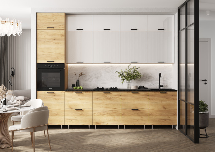 Кухня Рио NEW ЛДСП 3,0м/1080м (490), Компановка №3, Белый глянец/Дуб Крафт