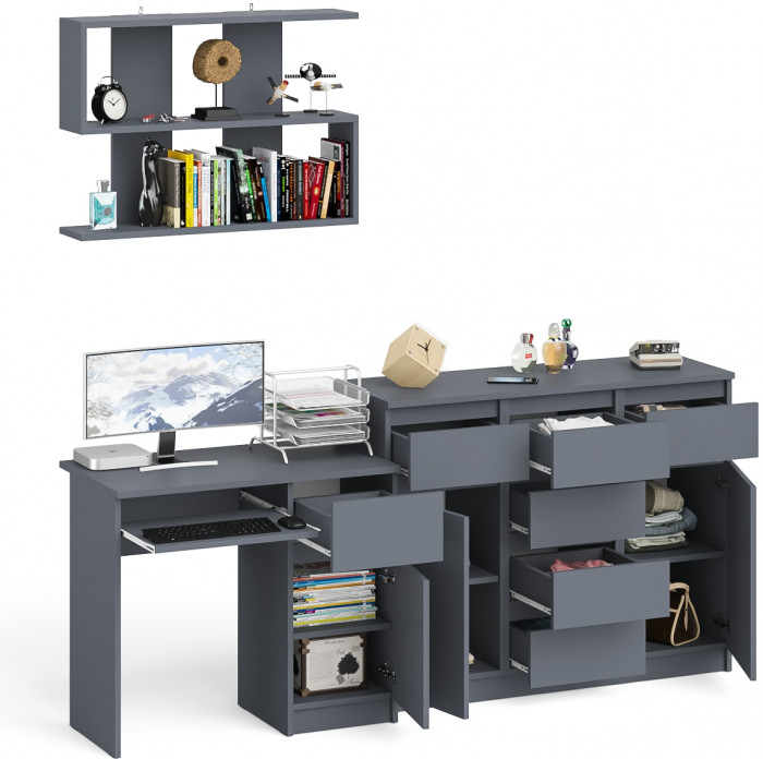 Мори Стол компьютерный МС-1 правый + Комод МК1200.4 + Полка 900, цвет графит, ШхГхВ 210,4х50х209,6 см., НЕ универсальная сборка