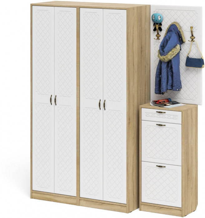 Прихожая П-6 Компоновка № 15, дуб сонома/фасады МДФ белое дерево фрезеровка ромб