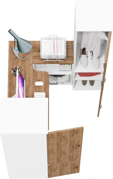 Лидер-8 Пенал МД 23Б + Стол + Пенал 21Б, цвет белый шагрень/крафт золото, ШхГхВ 245х50/37,5х75/190 или 155х120/50х75/190 см., НЕ универсальная сборка