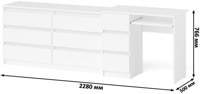 Мори Стол компьютерный МС-6 левый + Комод МК1380.6, цвет белый, ШхГхВ 228х50х76,6 см., выдвижные ящики слева, НЕ универсальная сборка