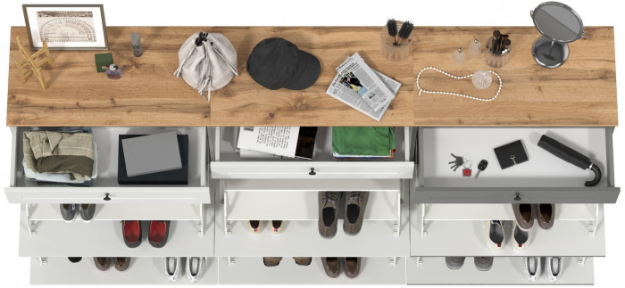 Остин 16.121 Тумба для обуви + 16.121 Тумба для обуви + 16.121 Тумба для обуви, цвет белый шагрень/дуб крафт золотой, ШхГхВ 240х41,6х99,3 см.