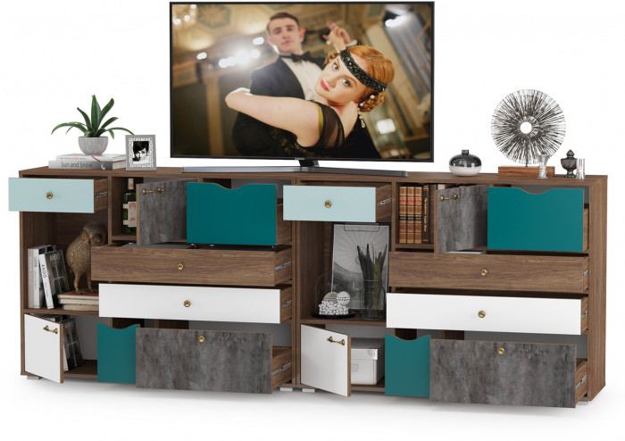 Вайс Комод 10.104 + Комод 10.104, цвет морское дерево винтаж/камень тёмный/бензин/мята/белый премиум, ШхГхВ 242,4х39,9х88,8 см., НЕ универс. сборка