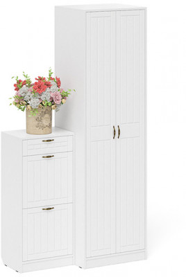 Прихожая П-6 Компоновка № 16, белая шагрень/фасады МДФ белое дерево фрезеровка прованс