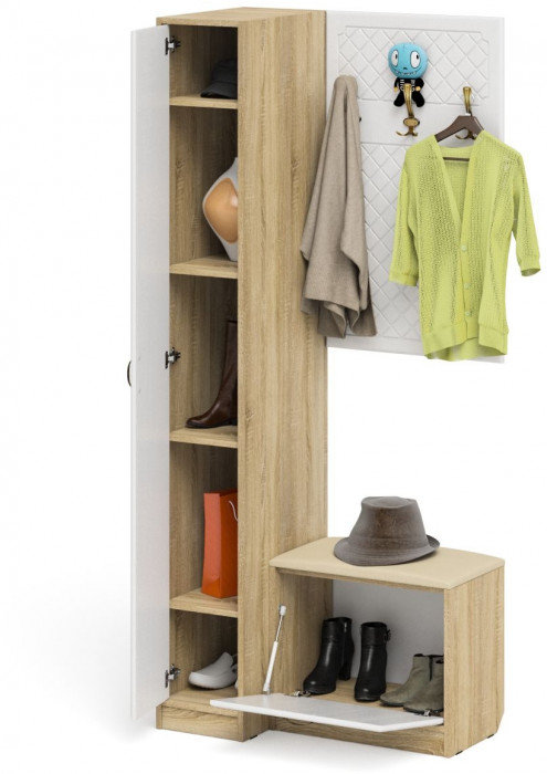 Прихожая П-6 Компоновка № 41, дуб сонома/фасады МДФ белое дерево фрезеровка ромб