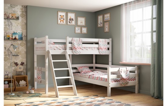 Кровать Соня (вариант 8) угловая с наклонной лестницей, белый