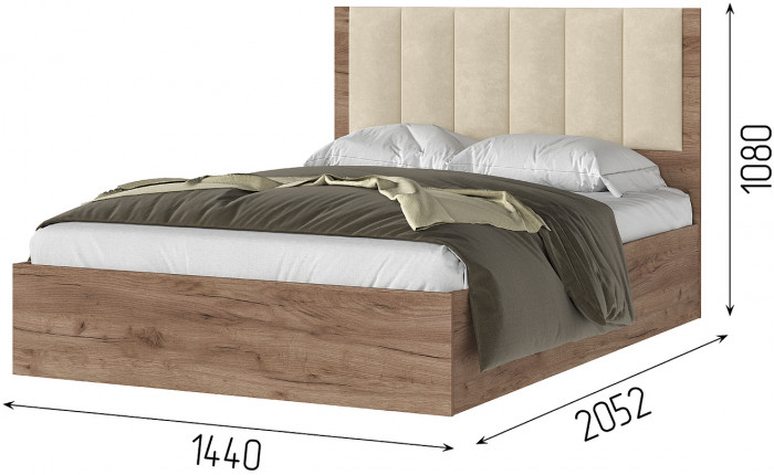 РЕЙН КР 01 Кровать 1.4х2.0 (1440х1110х2052) Велюр БЕЖЕВЫЙ/Корпус ДУБ КРАФТ ТАБАЧНЫЙ