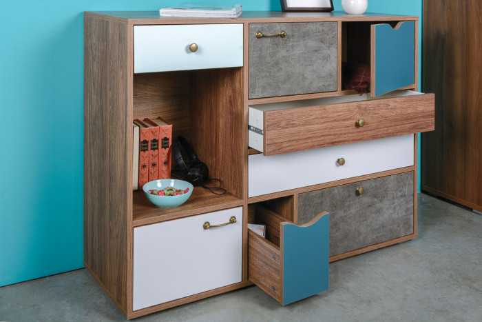 Вайс Комод 10.104, цвет морское дерево винтаж/камень тёмный/бензин/мята/белый премиум, ШхГхВ 121,2х39,9х88,8 см., НЕ универсальная сборка