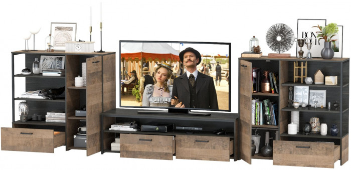 Трувор Гостиная 050, цвет дуб гранж песочный/интра, ШхГхВ 367,8х45,4х106,9 см., универсальная сборка