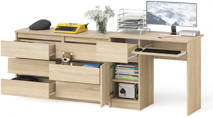 Мори Стол компьютерный МС-1 левый + Комод МК1200.6, цвет дуб сонома, ШхГхВ 210,4х50х76,6 см., выдвижной ящик слева, НЕ универсальная сборка