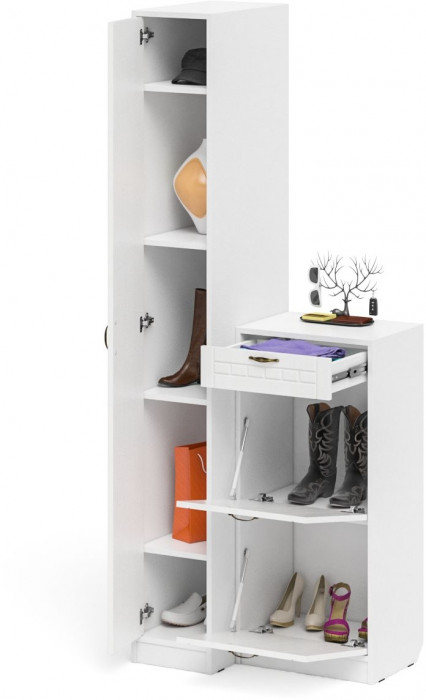 Прихожая П-6 Компоновка № 42, белая шагрень/фасады МДФ белое дерево фрезеровка прованс