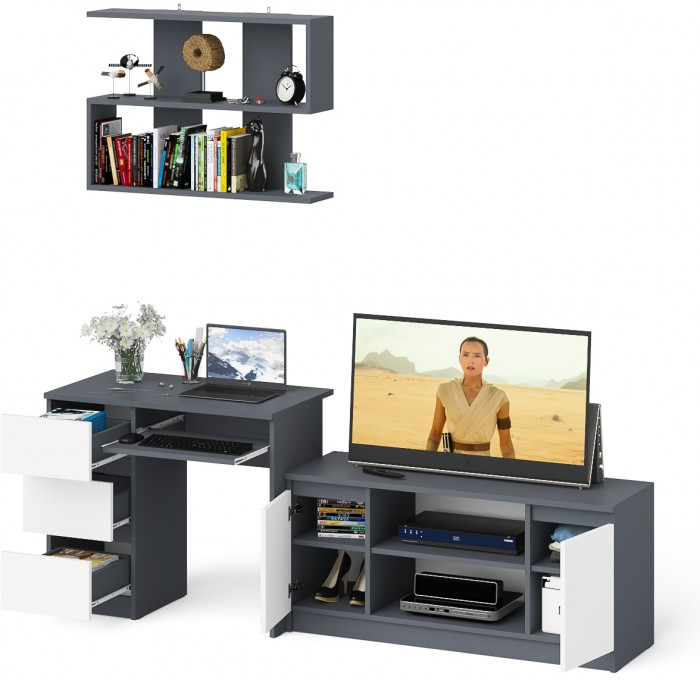 Мори компьютерный стол МС-6 левый + Тумба МТВ1200.1 + Полка 900, графит/белый
