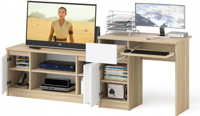Мори Стол компьютерный МС-1 левый + Тумба МТВ1200.1, цвет дуб сонома/белый, ШхГхВ 210,4х50х76,6 см., выдвижной ящик слева, НЕ универсальная сборка