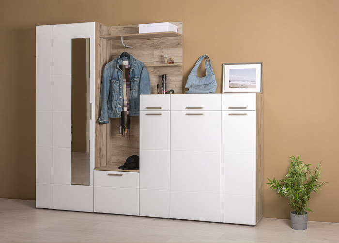 Лайн 13.121 Комод, цвет дуб крафт серый/фасады МДФ белый глянец, ШхГхВ 90х35х129,2 см., универсальная сборка