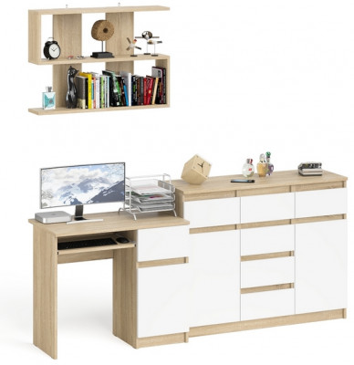 Мори Стол компьютерный МС-1 правый + Комод МК1200.4 + Полка 900, цвет дуб сонома/белый, ШхГхВ 210,4х50х209,6 см., НЕ универсальная сборка
