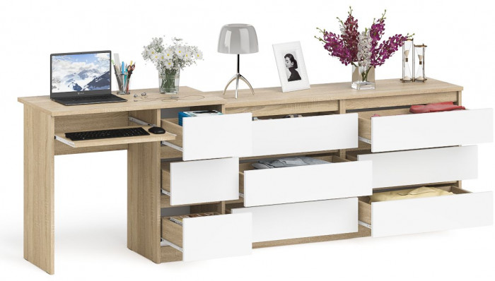 Мори Стол компьютерный МС-6 правый + Комод МК1380.6, цвет дуб сонома/белый, ШхГхВ 228х50х76,6 см., выдвижные ящики справа, НЕ универсальная сборка