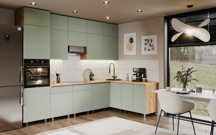 Кухня Оливия NEW 3,0х1,8/1080м Компоновка №3, Крафт золотой/Олива софт