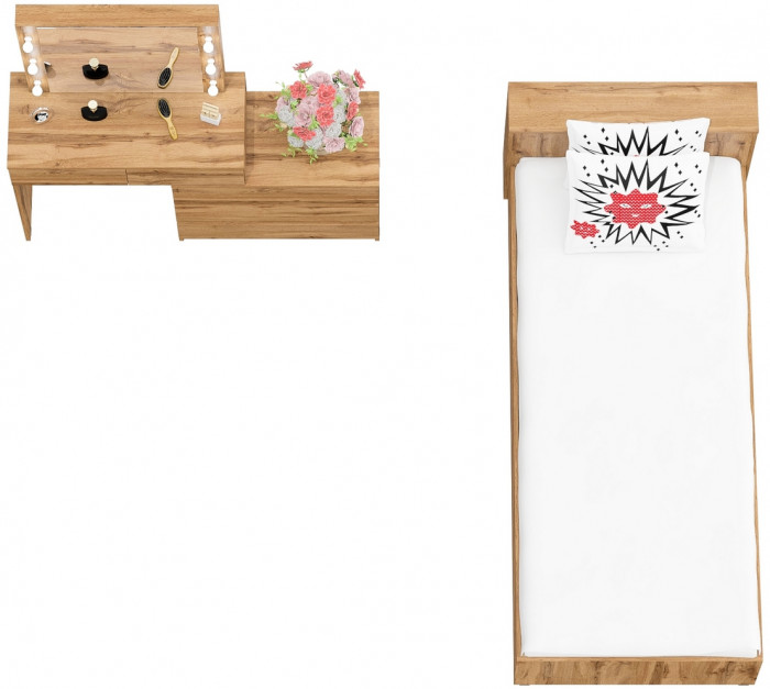 Ксения Кровать с ящиками 0900 + Стол косметический с подсветкой 110, дуб вотан